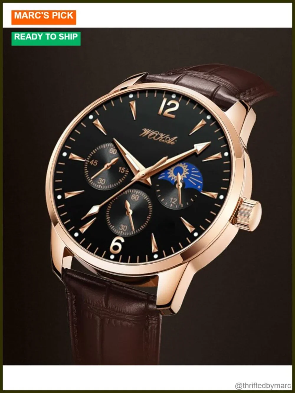 Men's Leather Watch, Rose Gold-Tone Analog Quartz Business Dress Watch